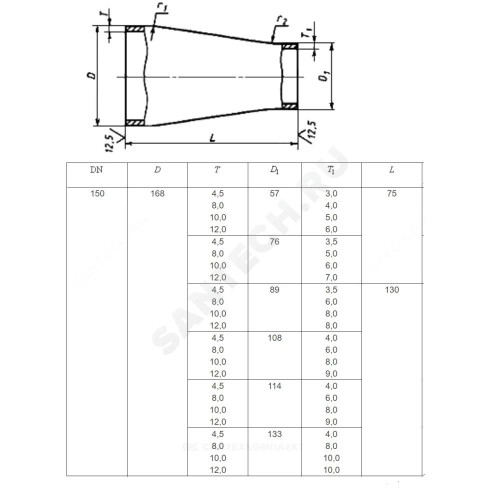 Переход сталь концентрический Дн 57х3,0-45х2,5 (Ду 50х40) бесшовный ГОСТ 17378-2001