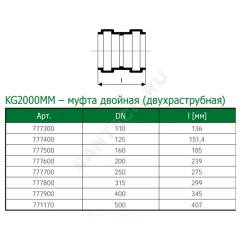 Муфта PP-MD двухраструбная зелёная KG2000 KG2000MM Дн 315 б/нап в/к Ostendorf 777800