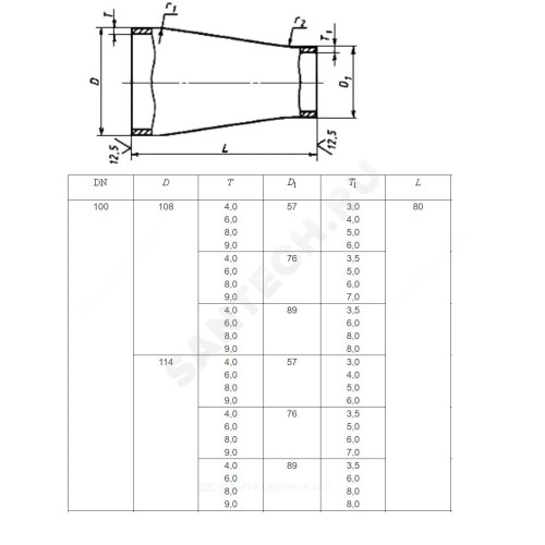 Переход сталь концентрический Дн 108х4,0-76х3,5 (Ду 100х65) бесшовный ГОСТ 17378-2001