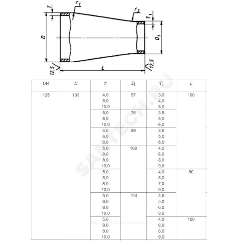 Переход сталь концентрический Дн 133х4,0-89х3,5 (Ду 125х80) бесшовный ГОСТ 17378-2001