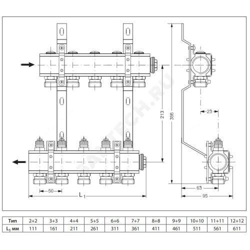 Группа коллекторная латунь 1" ВР/ВР 2 вых 3/4" НР под евроконус FHF-set Danfoss 088U0702