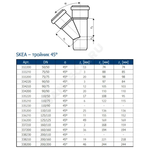 Тройник PP-MD бесшумный светло-серый Skolan dB SKEA Дн 135х135х45гр (DN125х125) б/нап в/к Ostendorf 336200