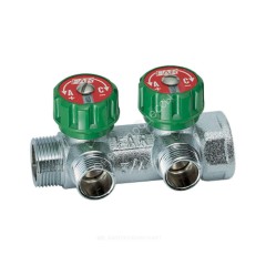 Коллектор латунь 3/4" ВР/НР на 2 вых 1/2" НР м/о 45мм под плоское уплотнение с регулирующими клапанами MULTIFAR Far FK 3821 3412TP