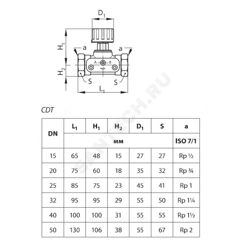 Клапан запорный ручной латунь CDT Ду 50 G2 1/4" A Ру16 НР Kvs=16м3/ч без ниппелей Danfoss 003Z7702