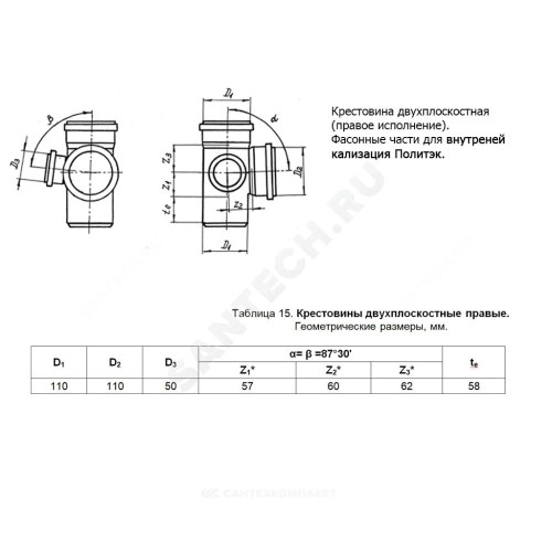 Крестовина PP-H 2-плоскостная правая серая Дн 110х110х50х87гр б/нап в/к Политэк 1201104