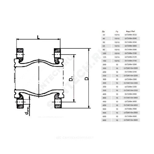Компенсатор резиновый антивибрационный EPDM DI7240N Ду 32 Ру10/16 фл L=95мм Tecofi DI7240N-0032 сжатие/растяжение 9 мм/6 мм