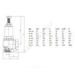 Клапан предохранительный угловой латунь Ду 40х40 Ру16 ВР G1 1/2"хG1 1/2" Рн=1...16бар 180С Benarmo