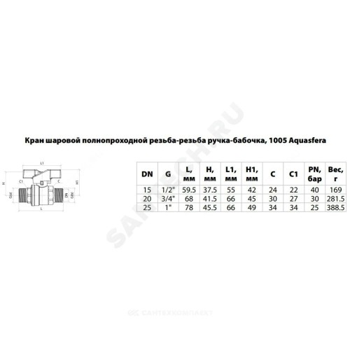 Кран шаровой латунь никель 1005 Euro Ду 20 Ру30 НР полнопроходной бабочка красная Aquasfera 1005-02