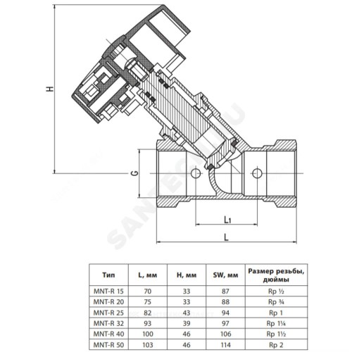 Клапан балансировочный ручной латунь MNT-R Ду 20 Rp3/4" Ру16 Тмакс=120 оС ВР Kvs=6м3/ч с измерительными ниппелями Ридан 003Z2332R