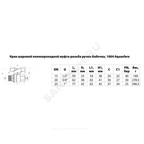 Кран шаровой латунь никель 1004 Euro Ду 20 Ру30 ВР/НР полнопроходной бабочка красная Aquasfera 1004-02