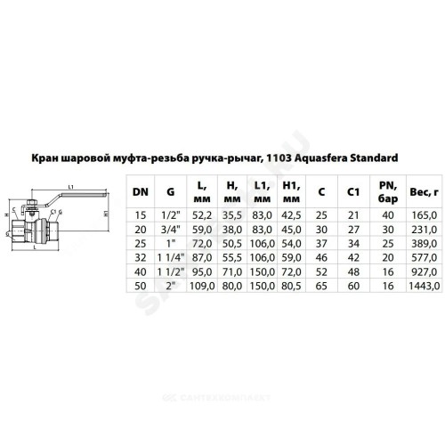 Кран шаровой латунь никель 1103 Standard Ду 15 Ру40 ВР/НР полнопроходной рычаг белый Aquasfera 1103-01